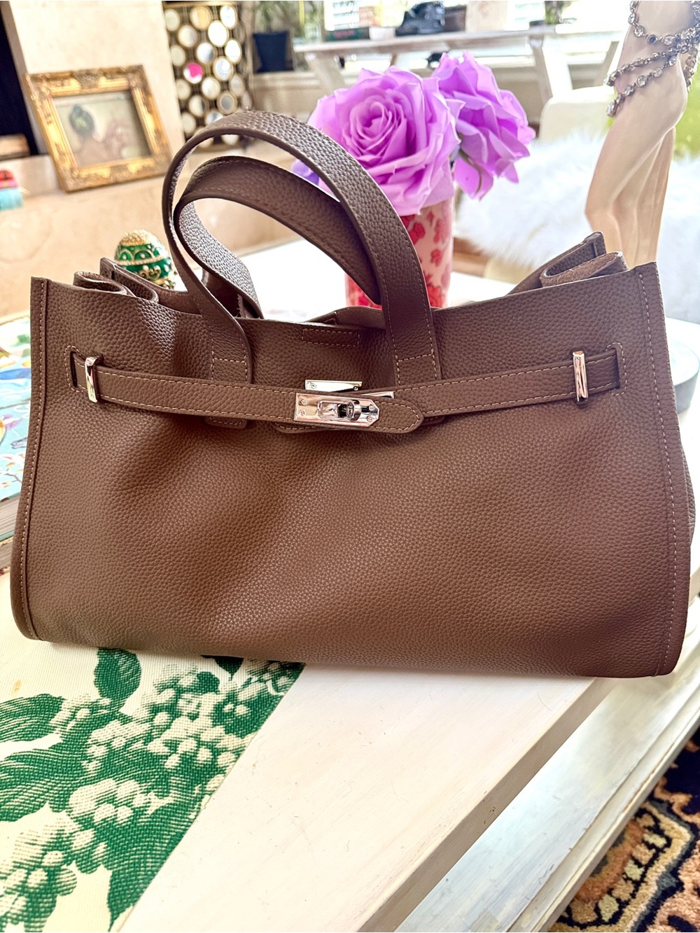 Genuine Leather Taupe Top-Handle Tote - Picture 8 of 8